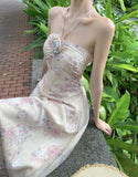 ADVBRIDGE  -  French Style Fairy Dress Women Pink Print Sweet Vintage Chiffon Vestidos Apricot 3D Flower Hang Neck Sexy Elegant Vacation Dress