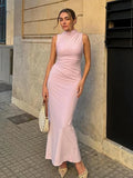 Advbridge Summer Pleated Long Dress Women Bodycon Sleeveless Half High Collar Zipper Split Long Dresses New Lady Party All-matching Robes