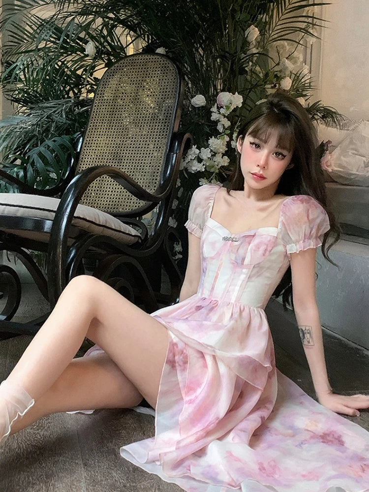 Advbridge Pink Print Chiffon Elegant Dress Women Puff Sleeve France Sweet Party Midi Dress Female Korean Style Casual Floral Dress