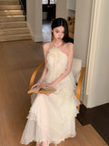ADVBRIDGE  -  French Style Chic Hanging Neck Dress Women Elegant Flower Off Shoulder Sexy Ruffle Fashion Vestido Casual Apricot Dresses Summer