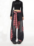 Advbridge American women retro bow tie tied jeans with grid splicing Harajuku Y2k loose casual slimming wide leg pants jeans woman