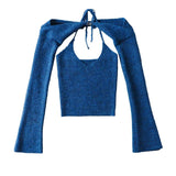 Advbridge  Y2K Knitted Halter Cami Tops And Flare Sleeve Shrug Set Blue Sweater Set Shawl Stacked 2 Piece Set Long Sleeve