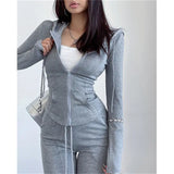 Advbridge Two Piece Womens Clothing Casual Pants Suit Solid Color Slim Fit Zipper Hoodie Y2k Fashionable High Waist Slimming Flared Pants