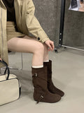 ADVBRIDGE  -  New Design Belts Buckle Women Flat Heels Height-Increasing Insoles Mid Calf Boots Fashion Square Toe Riding Shoes Booties
