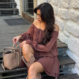 ADVBRIDGE  -  Chic Low Neck Lace Up Mini Dress Elegant Solid Flare Sleeve Pleated Off Shoulder Gown New Women Highstreet Holiday Dresses 2025