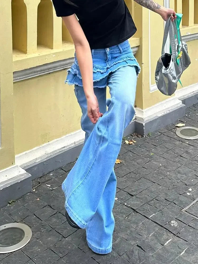 ADVBRIDGE  -  Y2K American Casual Washed Spliced Women Jeans New Fashion 2000s High-waisted Jeans Hip-hop Slim Micro-flared Wide-leg Trousers