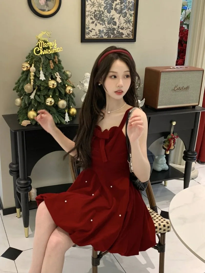 Advbridge -  French Sweet Hot Girl Butterfly Red Velvet Strap Dress for Women's Winter Christmas Fluffy Princess Dress Fashion Female Clothes