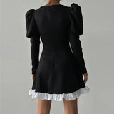 Advbridge Spring Autumn Waist Slim Female Dress Sexy Women Puff Sleeve Ruffles Dresses French Lady  Square Collar Pleat Party Dress
