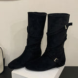 ADVBRIDGE  -  New Design Belts Buckle Women Flat Heels Height-Increasing Insoles Mid Calf Boots Fashion Square Toe Riding Shoes Booties