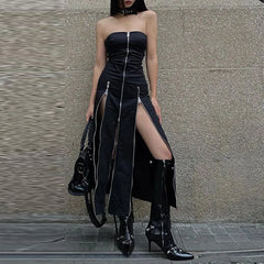 Advbridge Goth Dark Techwear Fashion Zip Up Midi Dresses Cyber Y2k Mall Gothic Split Women Tube Dress Partywear Punk Off Shoulder Outfits