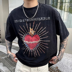 Advbridge Graphic Printed Washed Cotton Men T-shirt Off Shoulder Retro Shirts  Harajuku Women Hip Hop Streetwear Oversized Loose Top Tees