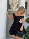 Advbridge Elegant Black Off Shoulder Pleated A-line Mini Dress Women Fashion Backless Slim High Waist Vestido Female Chic Party Gown 2024
