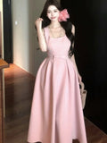 ADVBRIDGE  -  Spring Summer 2025 Pink Elegant Evening Woman Dress French Bow Pleated Square-Collar Length Dresses Abend Kleider New Vestidos