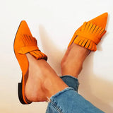 Advbridge Chic Tassel Pointed Toe Low Heels Slipper Woman Purple Green Suede Slip On Woman Fringe Mules Slingbacks Shoes