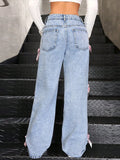 Advbridge Women Bowknot Jeans Pants Y2k Loose Straight Blue Baggy Aesthetic Washed Jeans Female 2025 Spring Fashion Lady Denim Trousers