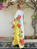 ADVBRIDGE  -  Print Linen Dress Women Elegant Loose Lace Up V Neck Vintage Vestidos Female 2024 Summer Long Sleeves Fashion High Waist Robe