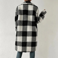 Advbridge Women Plaid Patchwork Fleece Loose Midi Jacket Fashion Lapel Collar Buttoned Woolen Coat Winter Long Sleeve Thickness Cardigan