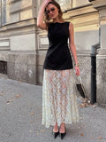 ADVBRIDGE  -  Elegant Lace Printed Patchwork Dresses Women Retro Perspective Sleeveless O-neck Long Dress Lady Spring Chic Street Party Robes
