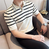 ADVBRIDGE  -  Men's Summer Ice Silk Slim  Polo Shirt - Striped Knit Color-Blocked V-Neck Short Sleeve Top for Breathable Stylish Casual Wear