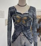 Advbridge Women's Sexy Mesh V-neck Navel-Baring T-shirt Skinny Hot Girl Denim Butterfly Embroidered Patchwork Top Essential Streetwear8921