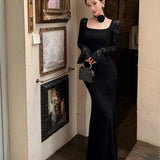 Advbridge Sexy Lace Bodycon Maxi Dresses for Women Flare Sleeve Square Collar Slim Mermaid Evening Party Dress Fishtail Vestidos Prom Robe