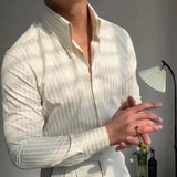 Advbridge Men‘s Wintern outfits Business Square Collar Stripe Retro 2024 Autumn Men's Splicing Button Fashion Slimming Style Versatile Casual Long Sleeve Shirts Advbridge Men‘s Wintern outfits
