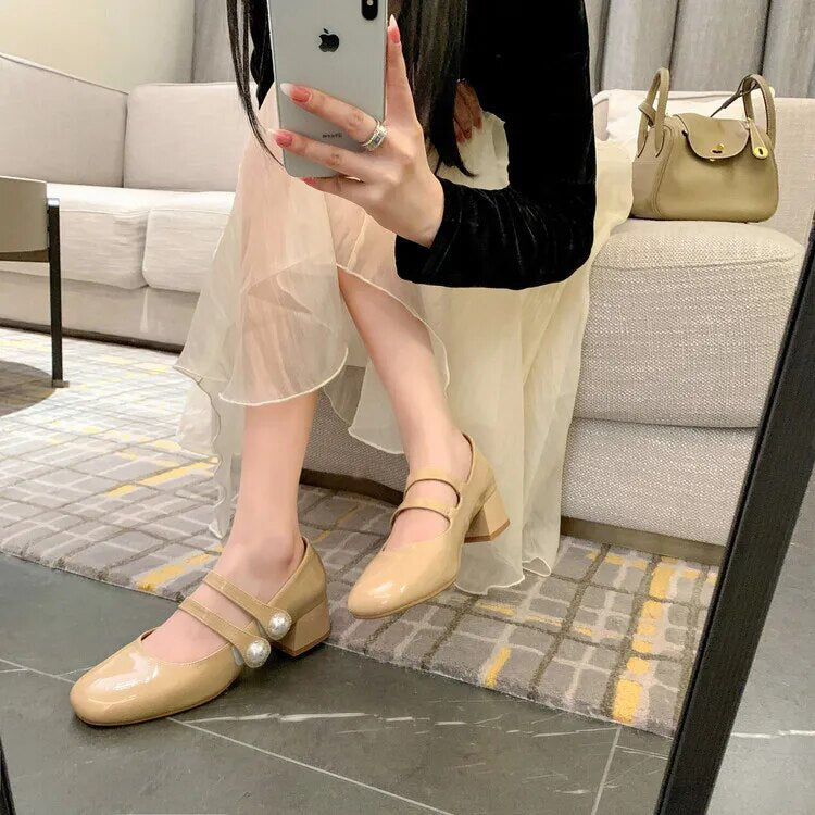 Advbridge New Spring Mary Jane Shoes Casual Shoes Chunky Heels Shoes for Women Square Toe Women Pumps Zapatos Mujer Large Size 34-43