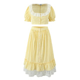 Advbridge  Gingham Printed Yellow Women Summer Dress Set Lace Top+skirt Sets Vintage French Style Midi Dress Oufits Plaid Vestidos