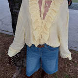 ADVBRIDGE  -  Solid Ruffle Chiffon Top Women 2025 Summer Casual Loose V Neck Long Sleeve Blouse Fashion Lace Up Vintage Shirts Femme
