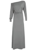 ADVBRIDGE  -  Long Sleeve Ruched Sexy Maxi Dress for Women Elegant Solid Slash Neck High Waist Bodycon Sexy Long Dresses Streetwear