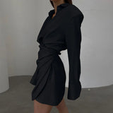 Advbridge  -  Women's V-neck Black Short Skirt Long-sleeved Dress 2024 Spring/Fall Kink Shirt Style Draping Collage/patchwork Design Dress Y2k