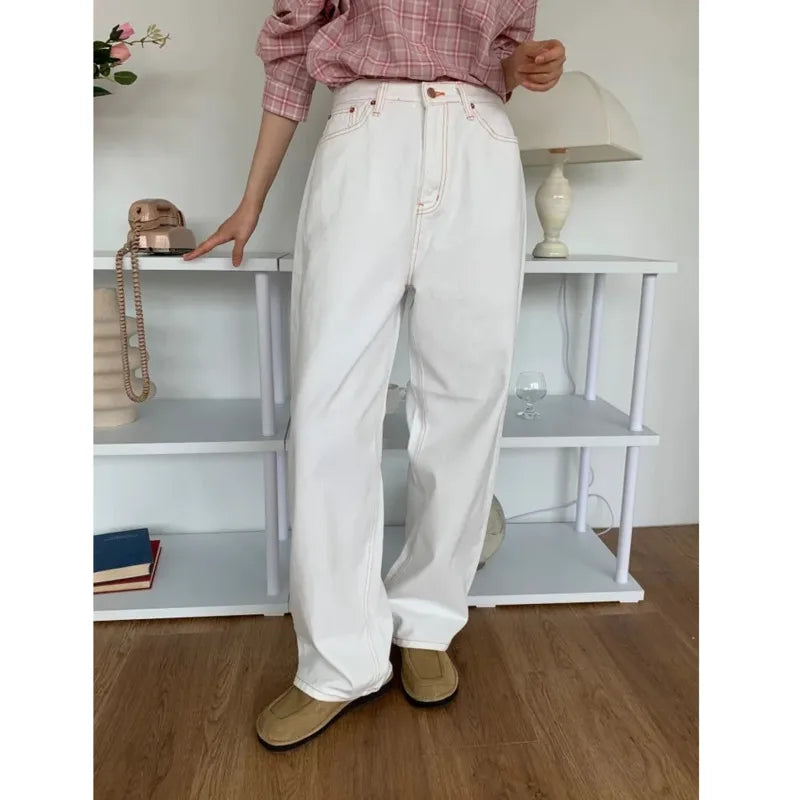 Advbridge 2024 New Korean Casual White Jeans Kawaii Pink Bow Embroidery Denim Pants Button Wide Leg Trouser Chic Straight Pant For Women