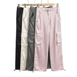 Advbridge Silk Pink Drawstring Satin Baggy Cargo Pants Women Summer Solid Black Beige Gray Wide Leg Trousers Streetwear Vintage Bottoms