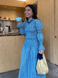 ADVBRIDGE  -  Fashion Blue Striped Pleated Long Dress Chic Flare Sleeve Round Neck Gown New Women's Summer High Street Vacation Vestidos