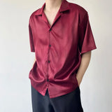 Advbridge Summer Men's Stylish Shirt Cuban collar Satin Silk Wine Red Dress Shirts Short Sleeve Tops Wedding Prom Party Holiday Blouse Man