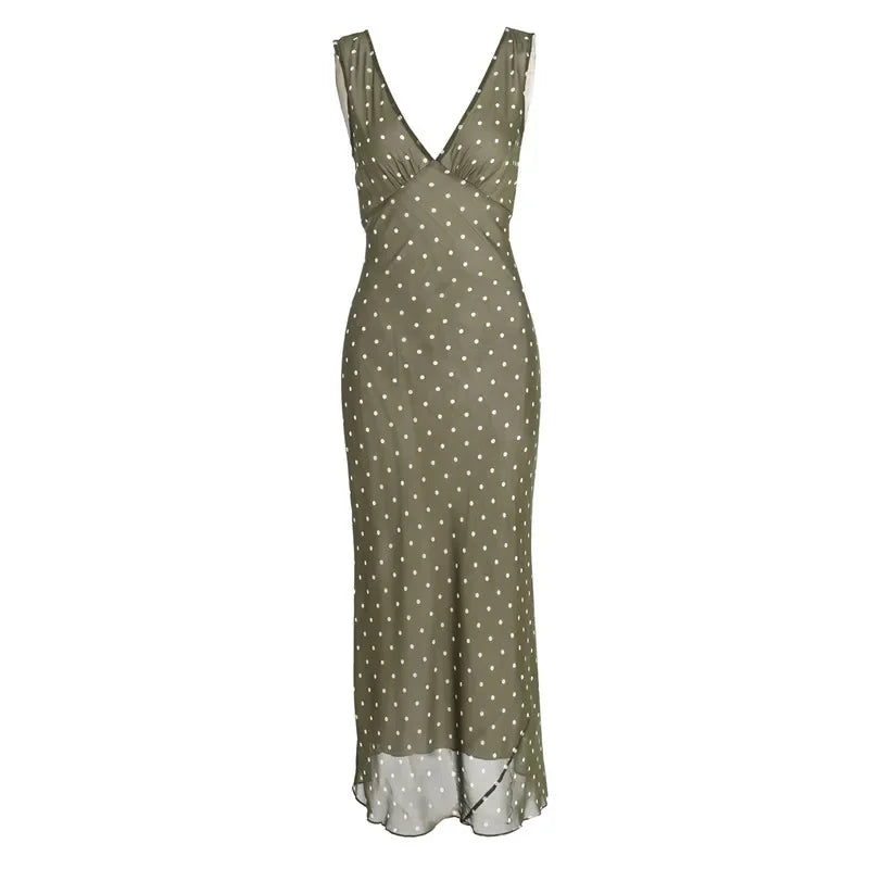 ADVBRIDGE  -  Summer Fashion Green Polka Dot Dress Women French Retro Elegant Slim Long Womens Dresses V-neck Sleeveless Silk Vestido