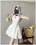 ADVBRIDGE  -  French Style Sweet Mini Dresses Women Apricot Lace Halter V-neck Elegant Party Dress Summer Pink Print Retro Vestido Kawaii Lady