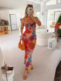 Advbridge Flower Print Slim Lace Spaghetti Strap Dresses Women Sexy Low Cut Backless Package Hip Bodycon Long Dress Lady Trendy Streetwear