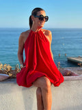 Advbridge Women Fashion Red Halter Mini Dress Sexy Round Neck Sleeveless Backless A-line Dresses 2024 New Summer Lady Beach Holiday Robes