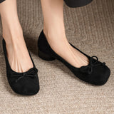 ADVBRIDGE  -  Women's natural suede leather square toe slip-on flats 3cm round low heel sweet bowtie casual female four season shoes for woman