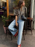 Advbridge Women Chic Print Leopard Lace Up Shirts Blouses O-neck Hollow Out Lantern Short Sleeve Cropped Tops Lady 2024 Summer Streetwear