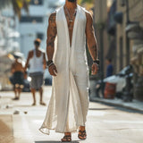ADVBRIDGE  -  Summer Leisure Breathable Long Cardigan Mens Vintage V Neck Sleeveless White Robe Men Vacation Casual Solid Color Loose Caftan