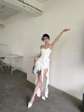 ADVBRIDGE  -  Solid Color White Suspender Dresses for Women with Chest Pad Seaside Beach New Summer Irregular Sweet Cute Sext Dress