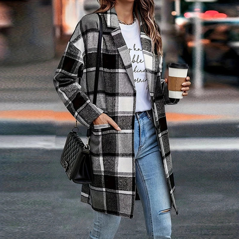 Advbridge Elegant Single-breasted High Street Coats Winter Casual Plaid Print Lapel Woolen Coat Female Long Sleeve Pockets Commute Outwear