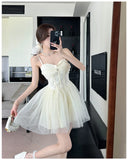 ADVBRIDGE  -  French Style Apricot Elegant Princess Dress Women Lace Strapless Sexy Mesh Mini Dresses Summer Sweet Kawaii Birthday Vestidos