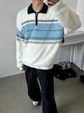 Advbridge Fall Men Casual Lapel Furry Pullover Winter Long Sleeve Zip Sweater Youth Contract Color Striped Knitwear Knit Polos Shirts