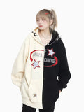 Advbridge American Retro Star Embroidered Cat Women Color Block Cardigan Hooded Hoodie Instagram Fashion Loose Design Coat sweatshirt