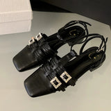 Advbridge Weave Flat Roman Sandals for Women Crystal Buckle Square Toe Low Heel Slingback Shoes Fashion Designer Shoes Sandalias De Mujer