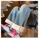 Advbridge Winter Men's jeans Women's Fleece Wide Leg Jean Straight Casual Fashion Denim Trousers Hip Hop Streetwear Thick Warm Pants 3XL-M