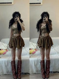 Advbridge Y2k American Hot Girl Three Piece Sexy Skirt Suit Lace Maillard Color High Street Design Cardigan Suspender Female Versatile